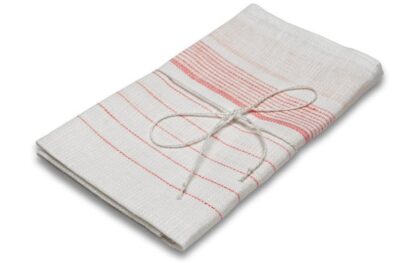 Pieno baltumo gryno lino virtuvės rankšluostis įvairiais raudonos spalvos dryžiais.