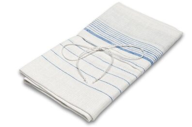 Mėlynais dryželiais margintas baltas gryno lino virtuvės rankšluostis