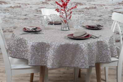 Apvali ovali lininė pilka raštuota staltiesė