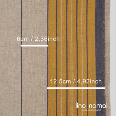 Lino - medvilnės audinys pilkas su geltonomis ir mėlynomis juostomis virtuvės rankšluosčiams siūti