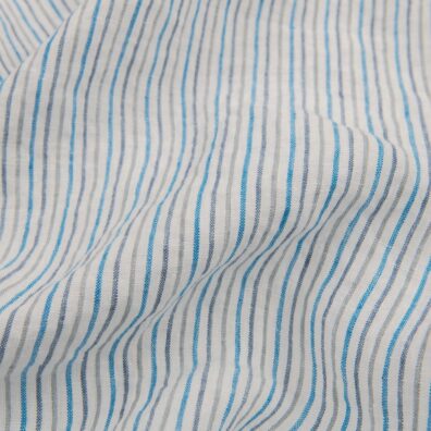 Lininis baltas audinys mėlynai dryžuotas, skalbtas