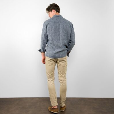 Mėlyni margi lininiai vyriški marškiniai laisvo silueto