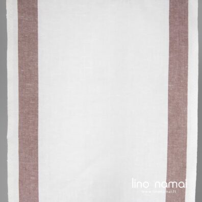 Ryškiai baltas puslininis audinys rudomis juostomis