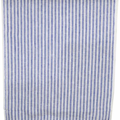 Lininis audinys ryškiai baltas mėlynai dryžuotas.