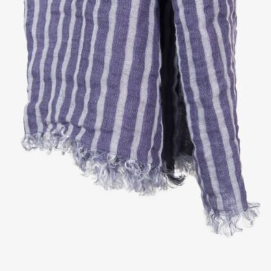 Lininis šalikas violetinis dryžuotas su kutais.