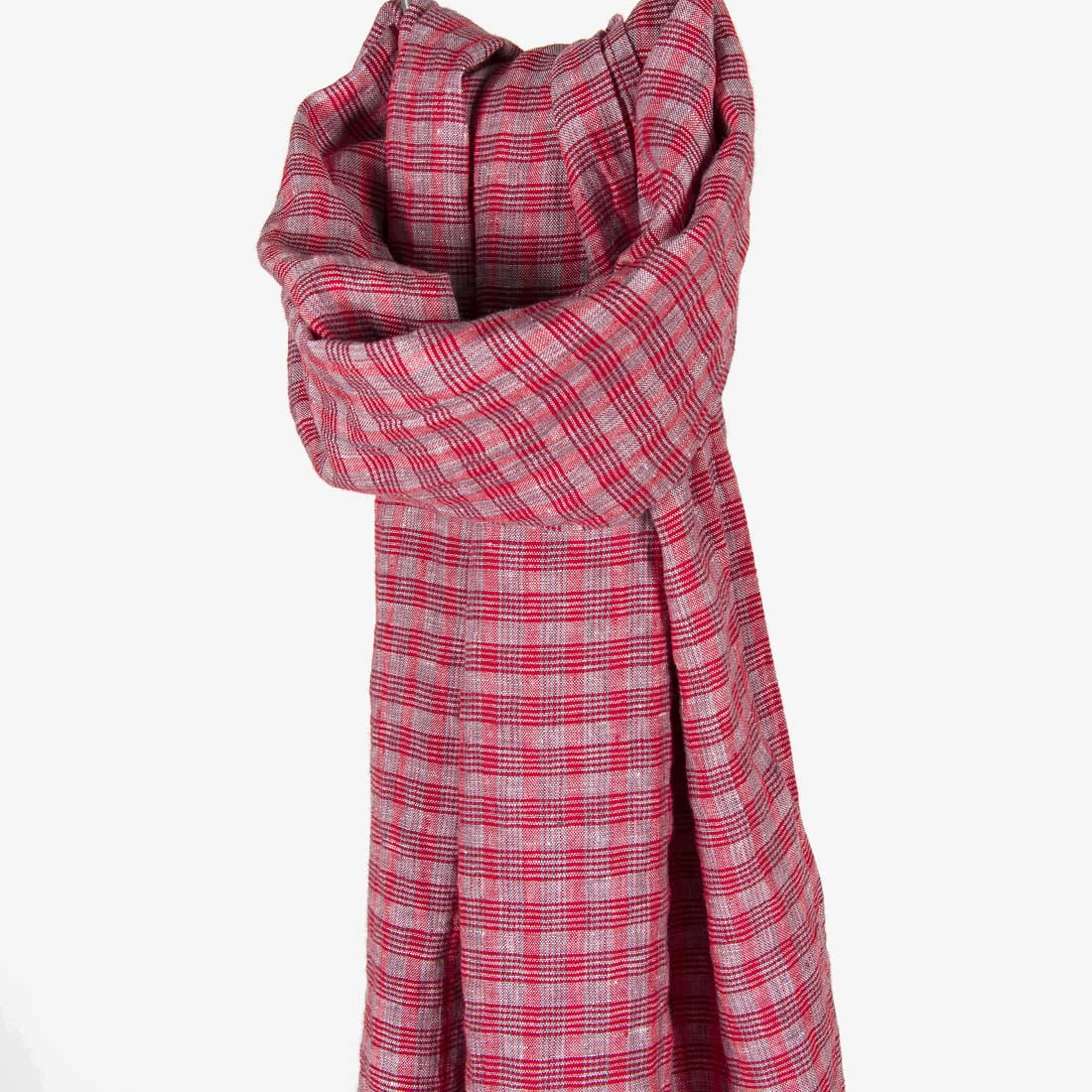 Lininis šalikas raudonais, pilkais langeliais.