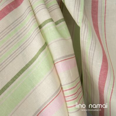 Lino-medvilnės audinys gelsvas su žalsvomis ir rausvomis juostelėmis