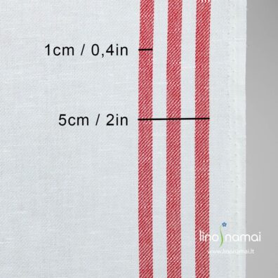 Baltas lino - medvilnės audinys su vertikaliomis raudonomis juostomis kraštuose ir ruoželių raštu - Lino Namai