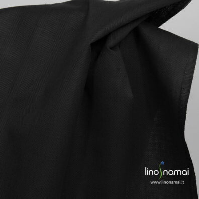 Juodas lino - medvilnės audinys eglutės raštu - Lino Namai