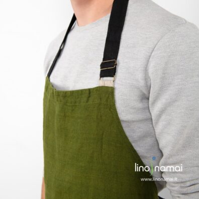 Lininė prijuostė žalia su juodu kaklo dirželiu - Lino Namai