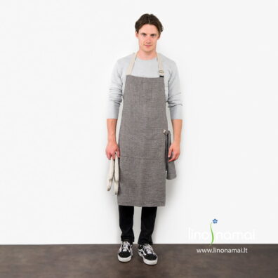 Lininė prijuostė pilkais, juodais langeliais su reguliuojamu kaklo dirželiu - Lino Namai