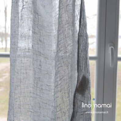 Pilkas permatomas raštuotas lininis audinys šalikams, užuolaidoms - Lino Namai