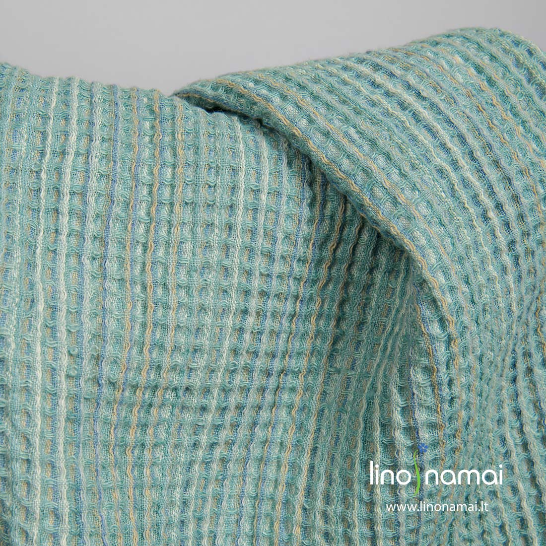 Lino - medvilnės audinys „vaflinis“ žalsvas skalbtas - Lino Namai