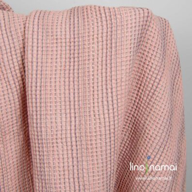 Puslininis „vaflinis“ rožinis skalbtas audinys - Lino Namai