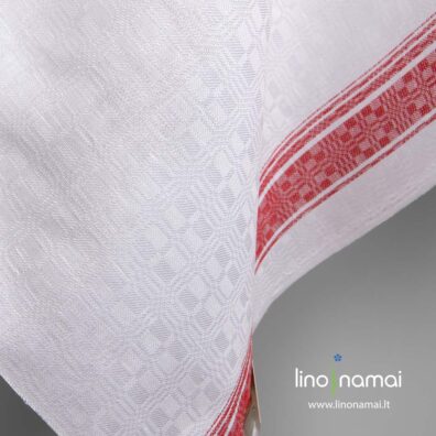 Baltas languotas puslininis audinys su raudonomis juostuomis - Lino Namai