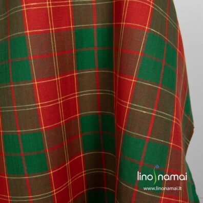 Puslininis audinys žaliais ir raudonais langeliais, geltonomis juostelėmis - Lino Namai