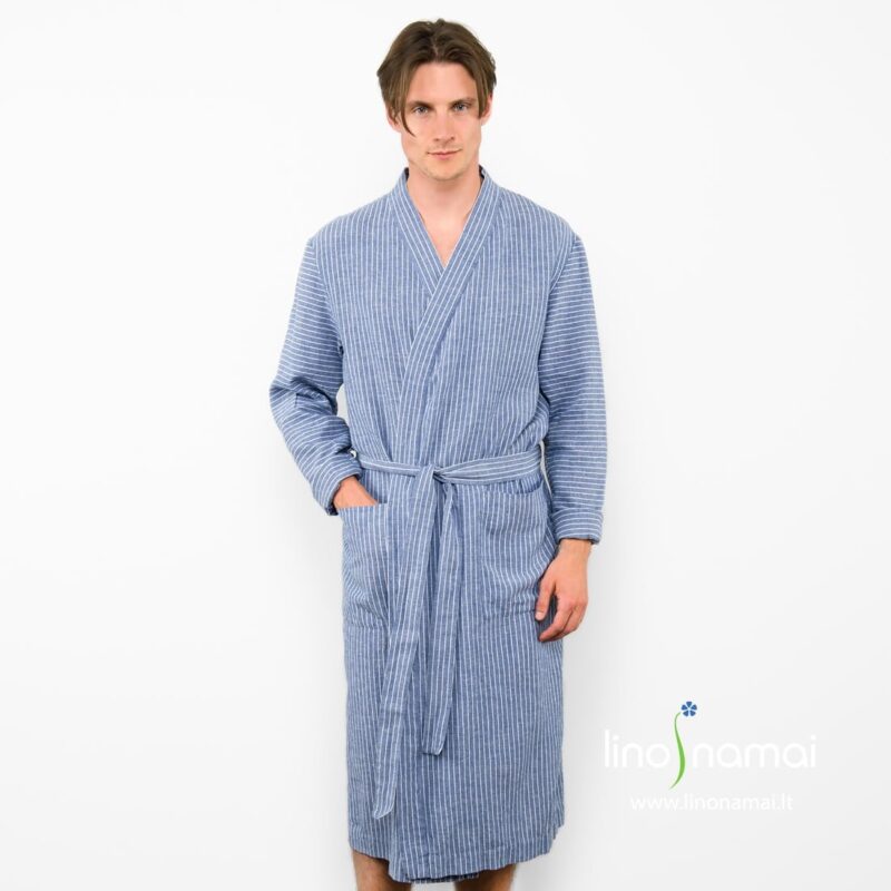 Lininis vyri&scaron;kas chalatas mėlynai dryžuotas - Lino Namai