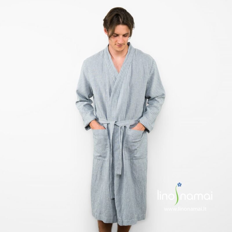 Lininis vyri&scaron;kas chalatas pilkai dryžuotas - Lino Namai