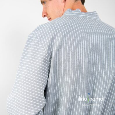 Lino - medvilnės vyriškas chalatas pilkai dryžuotas iš minkšto skalbto audinio - Lino Namai