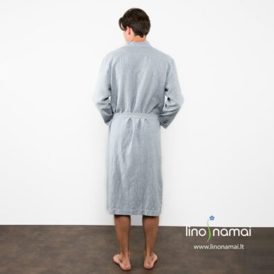 Pilkas lino - medvilnės vyriškas chalatas su siaurais baltais dryžiais - Lino Namai