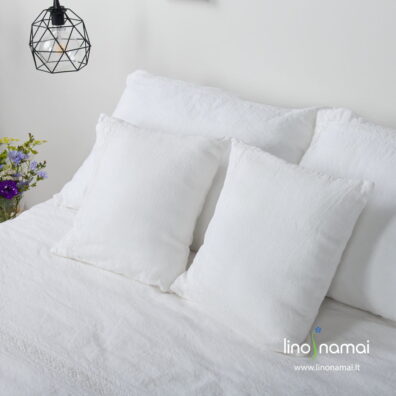Ryškiai balti lino - medvilnės pagalvių, antklodžių užvalkalai su nėriniais