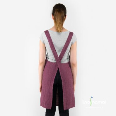 Lininė prijuostė vyšninė su sukryžiuojamomis petnešomis nugaroje