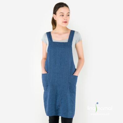 Mėlyna lininė prijuostė su kišenėmis