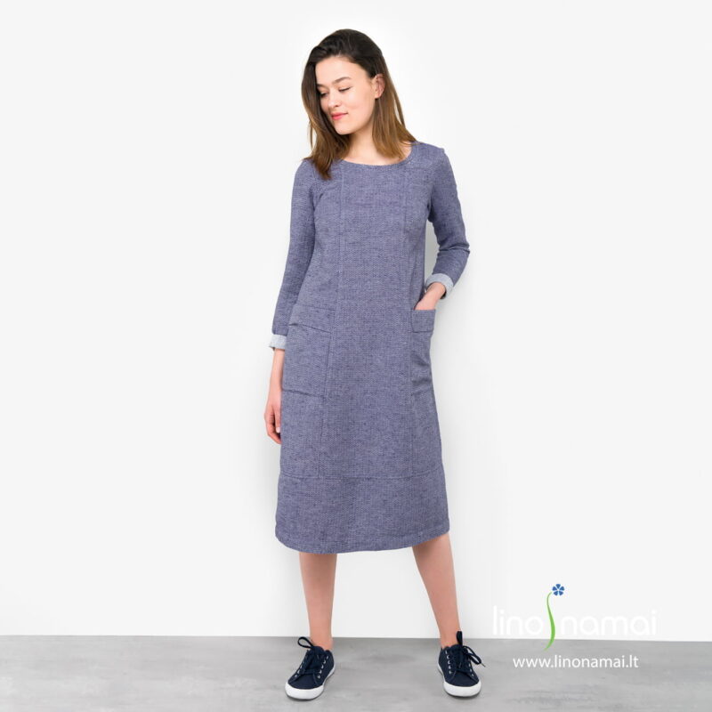 Lininė mėlyna ra&scaron;tuota suknelė &bdquo;Kotryna&ldquo;