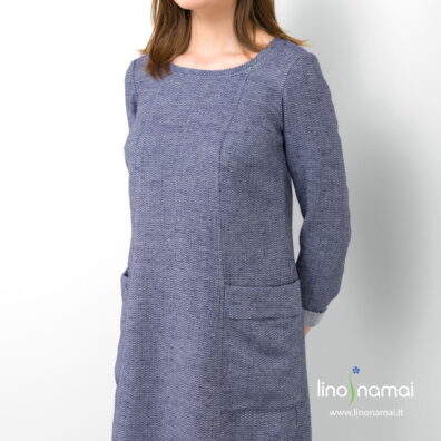 Suknelė iš baltai ir mėlynai raštuoto lino - medvilnės audinio