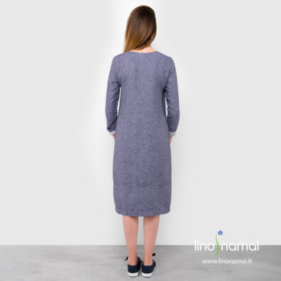 Mėlyna raštuota lino-medvilnės suknelė, ilgis žemiau kelių