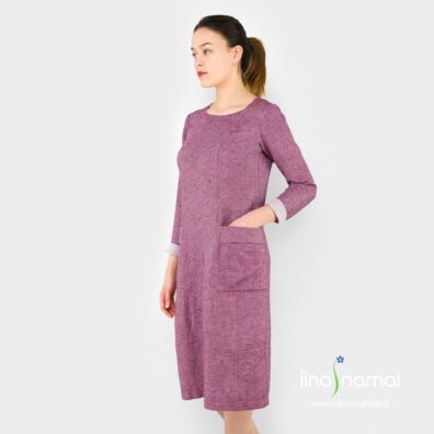 Lininė raudonai violetinė raštuota suknelė