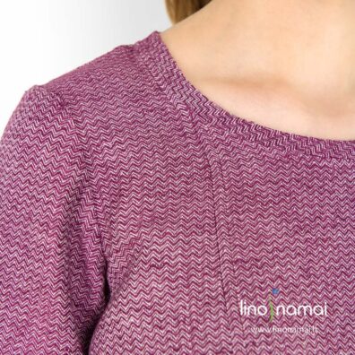 Violetinė lino-medvilnės suknelė su apvalia iškirpte