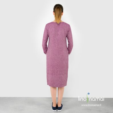 Lininė violetinė raštuota suknelė vėsesniam orui