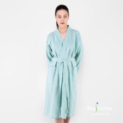 Lininis moteriškas chalatas žalsvas dryžuotas