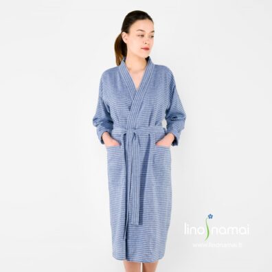 Lininis moteriškas chalatas mėlynai dryžuotas