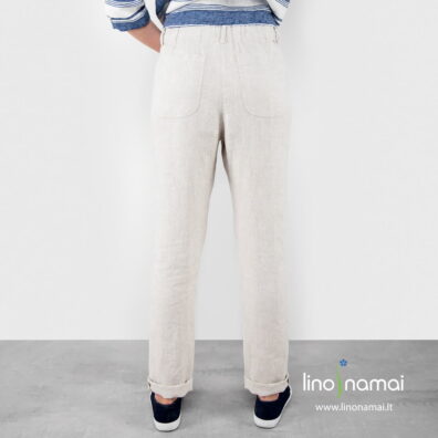 Šviesiai pilkos lininės kelnės su kišenėmis apvalintais kampais nugaroje