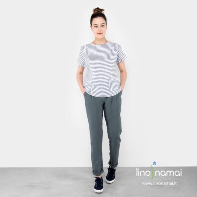 Lininės moteriškos tiesaus silueto tamsiai pilkos kelnės