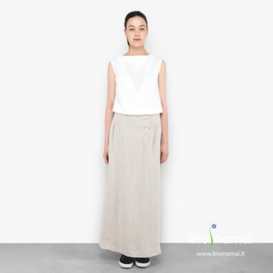 Lininio ilgo sijono audinyje suausti natūralios spalvos ir balti verpalai