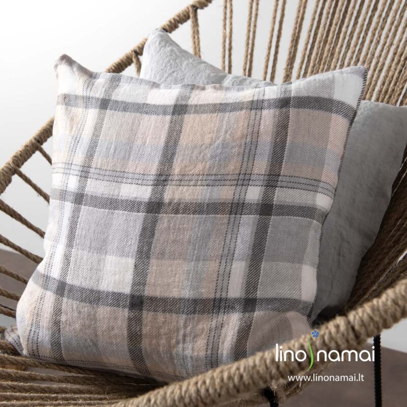 Lininis dekoratyvinės pagalvės užvalkaliukas pilkais langeliais