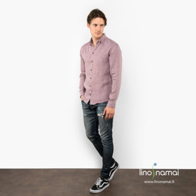 Violetiniai raštuoti vyriški lininiai marškiniai ilgomis rankovėmis