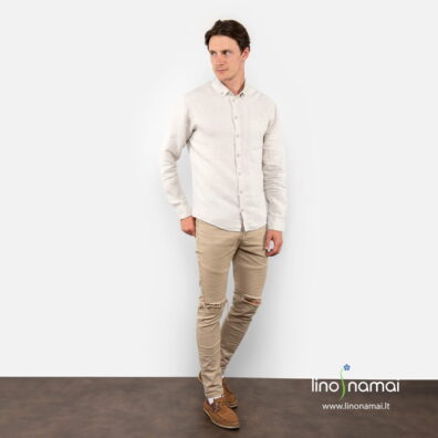 Pilki raštuoti vyriški lininiai marškiniai, jų audinys austas mažais rombais