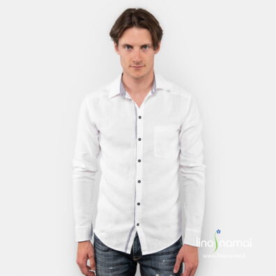 Lininiai ryškiai balti vyriški marškiniai