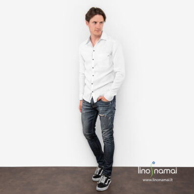 Lininiai ryškiai balti vyriški marškiniai ilgomis rankovėmis