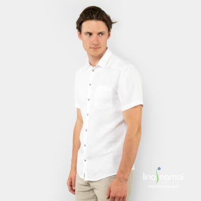 Ryškiai balto lino vyriški marškiniai įliemenuoti nugaroje
