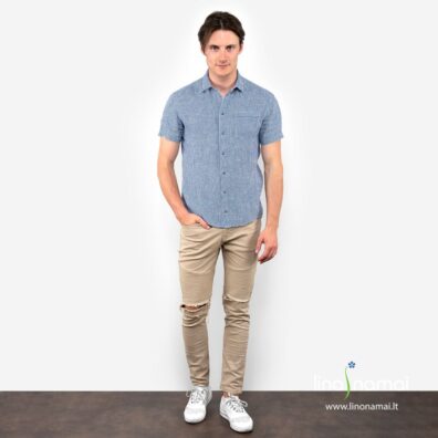 Mėlynai languoti lininiai vyriški marškiniai trumpomis rankovėmis