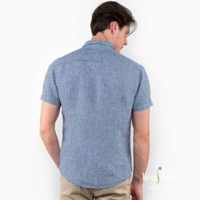 Mėlynai languoti lininiai vyriški marškiniai apvalinta apačia