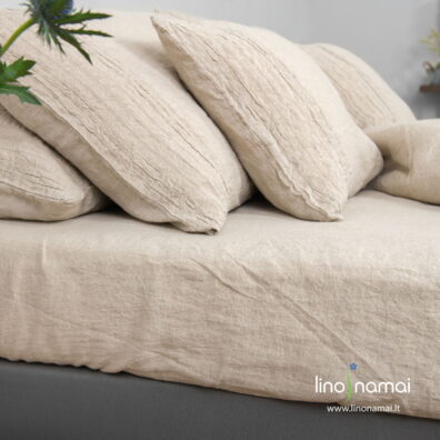 Lininiai natūralios spalvos mereškuoti pagalvės užvalkalai ir paklodė