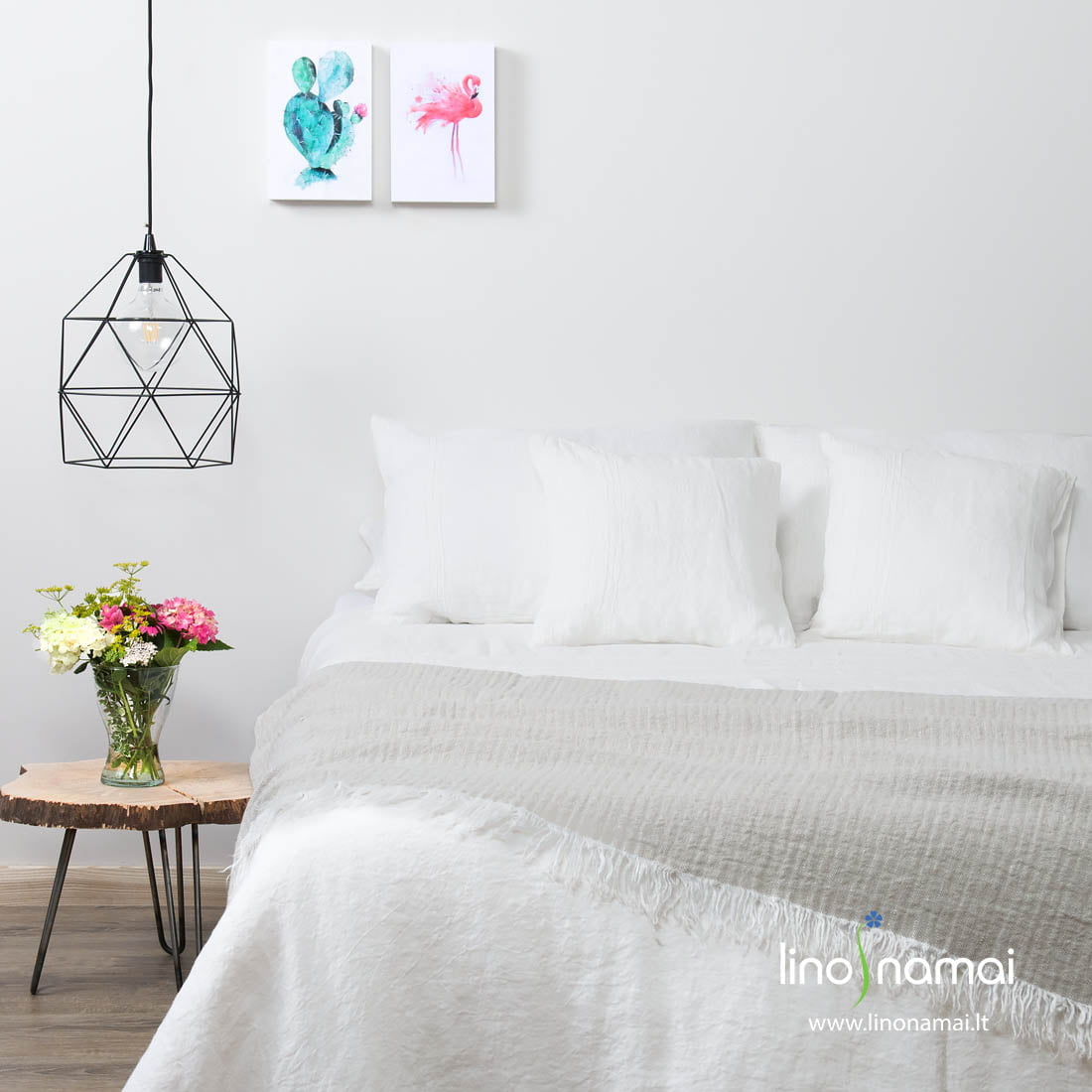 Lininė patalynė balta mereškuota „Flamingas“