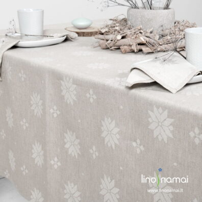 Žakardinė raštuota šviesiai pilka lino - medvilnės staltiesė