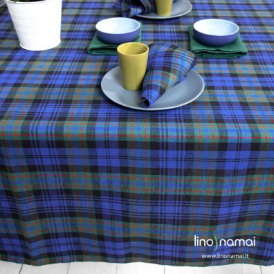 Žaliai - mėlynai languota lino - medvilnės staltiesė